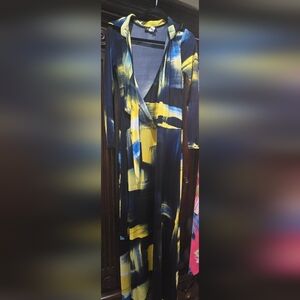 Abstract Yellow and Blue Long Sleeve MAXI Dress